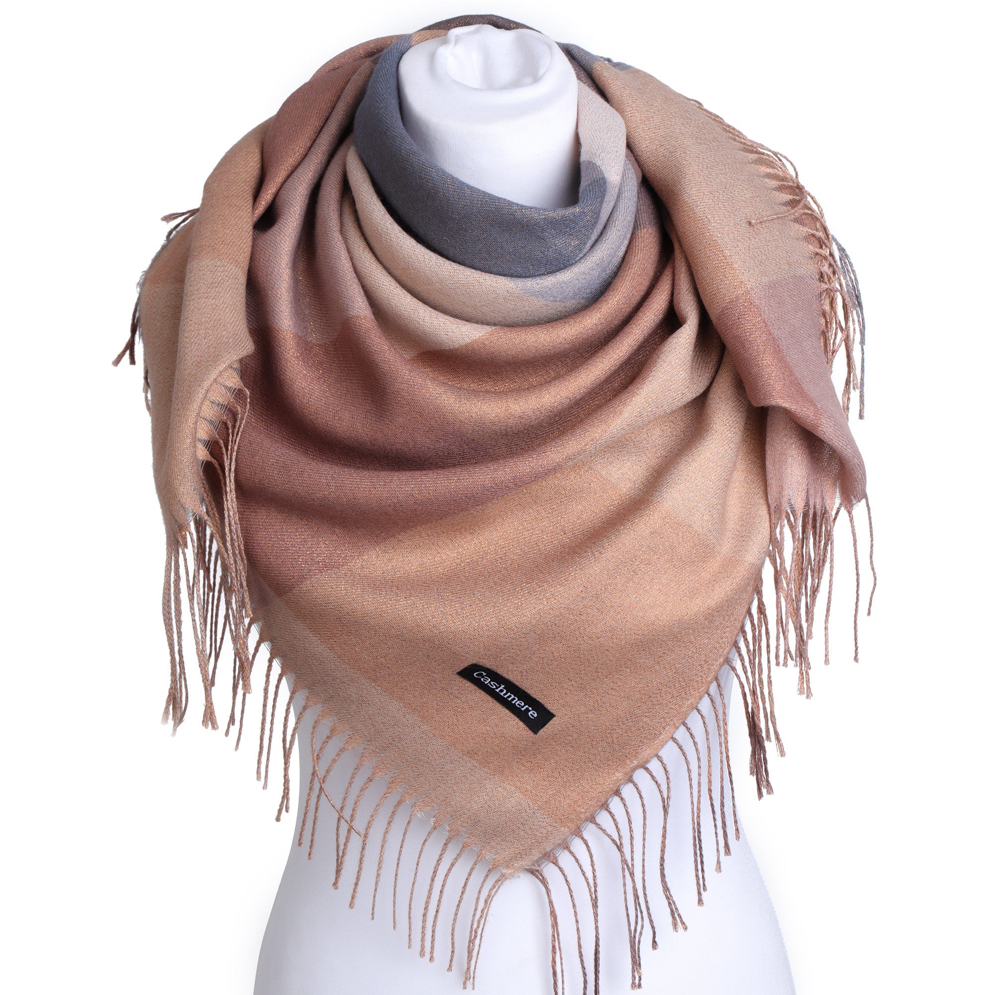 GOLDEN wełniana chusta damska camel w kratkę MORAMO