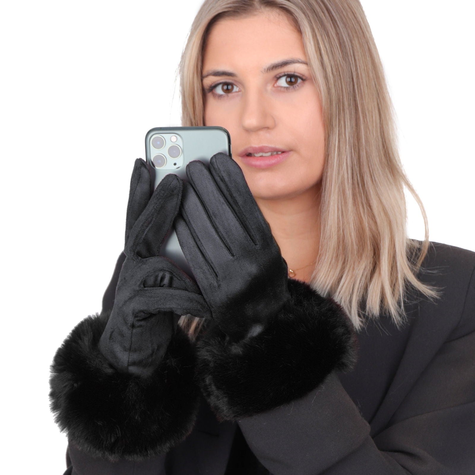 WINTER czarne damskie rękawiczki dotykowe z futerkiem MORAMO