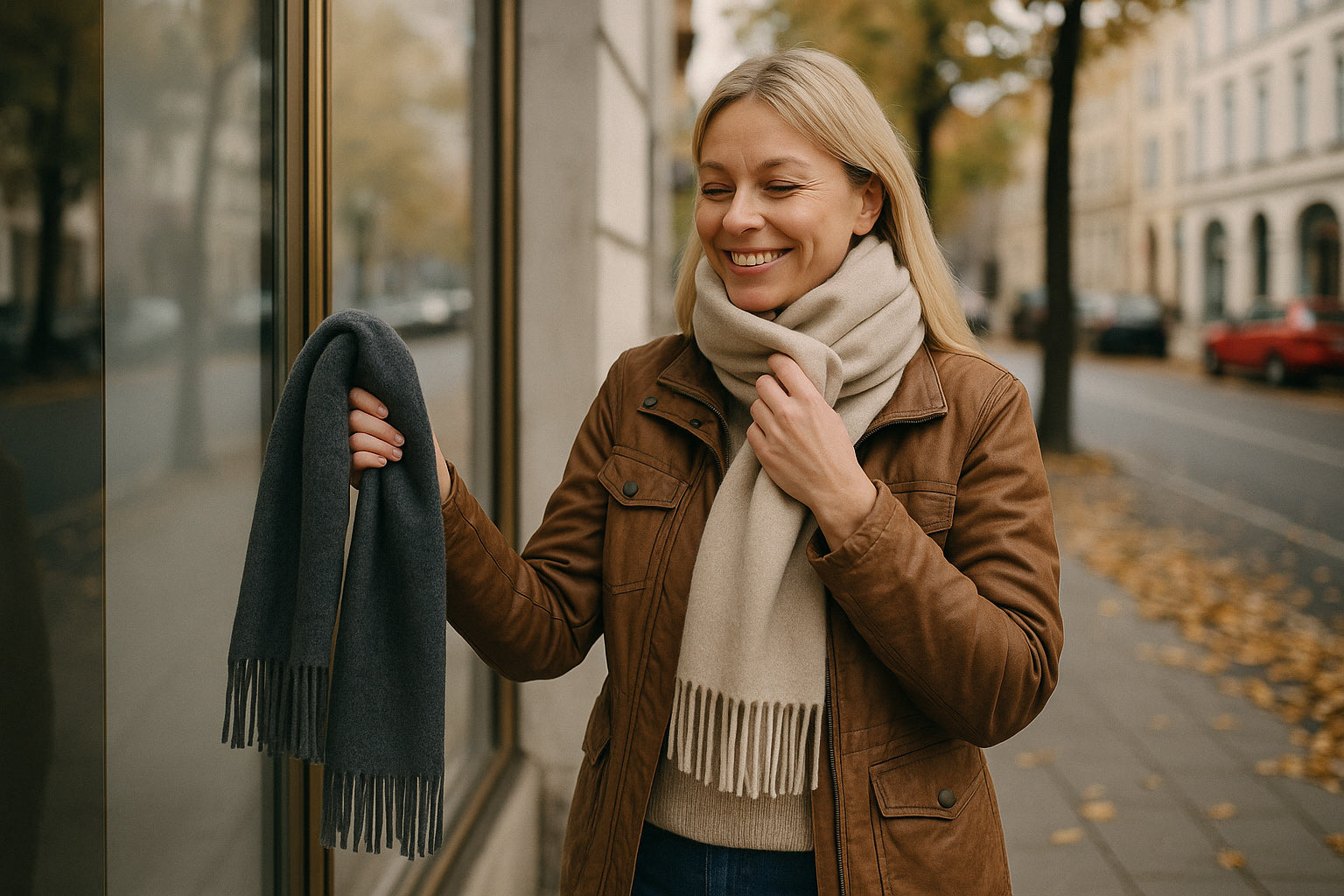 Szal do brązowego płaszcza lub kurtki