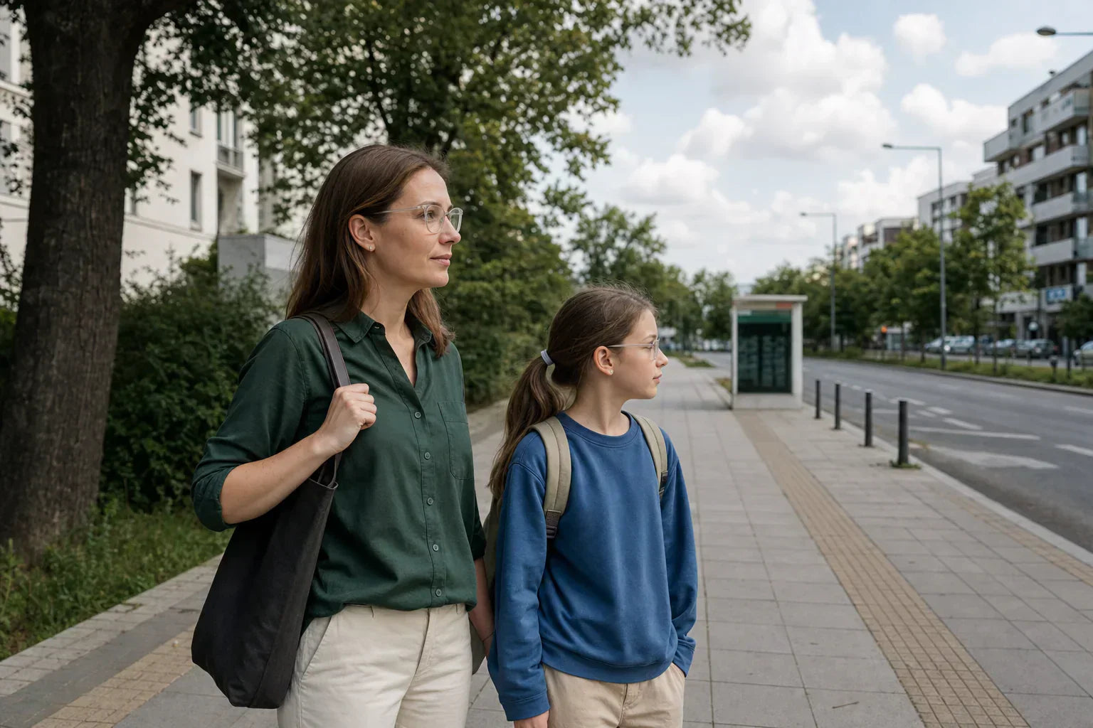 Kobieta w okularach z córką patrzą w stronę odległego przystanku na polskiej ulicy