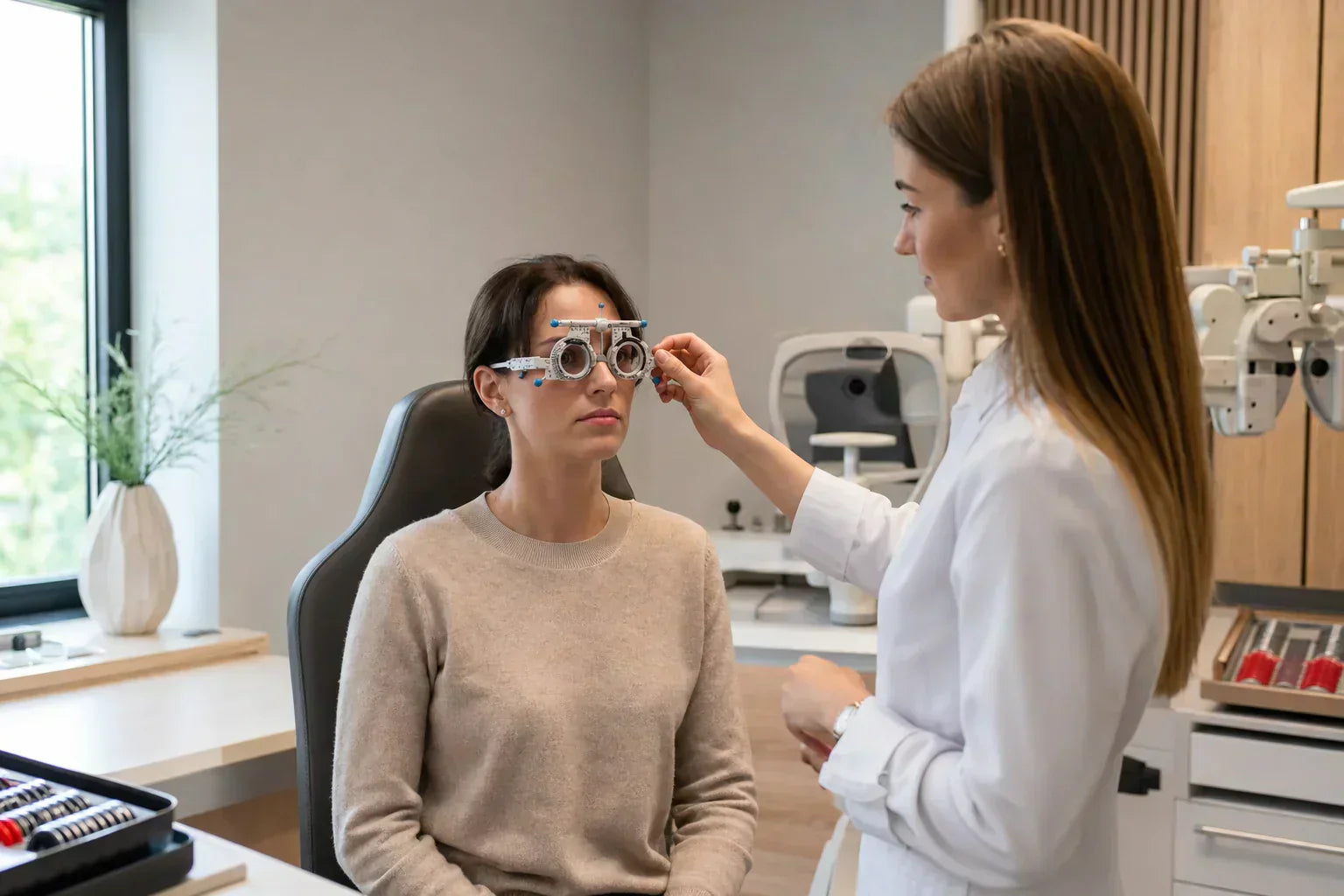 Optometrystka bada wzrok dorosłej pacjentki w oprawie próbnej w polskim gabinecie