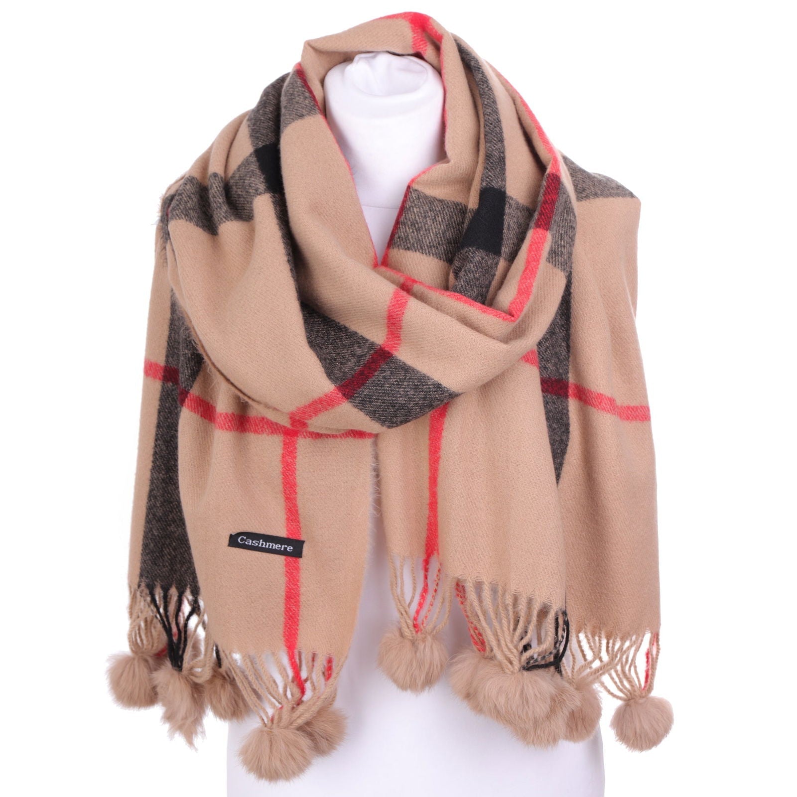 BURBERY BOBBLE beżowy szal damski w kratkę MORAMO