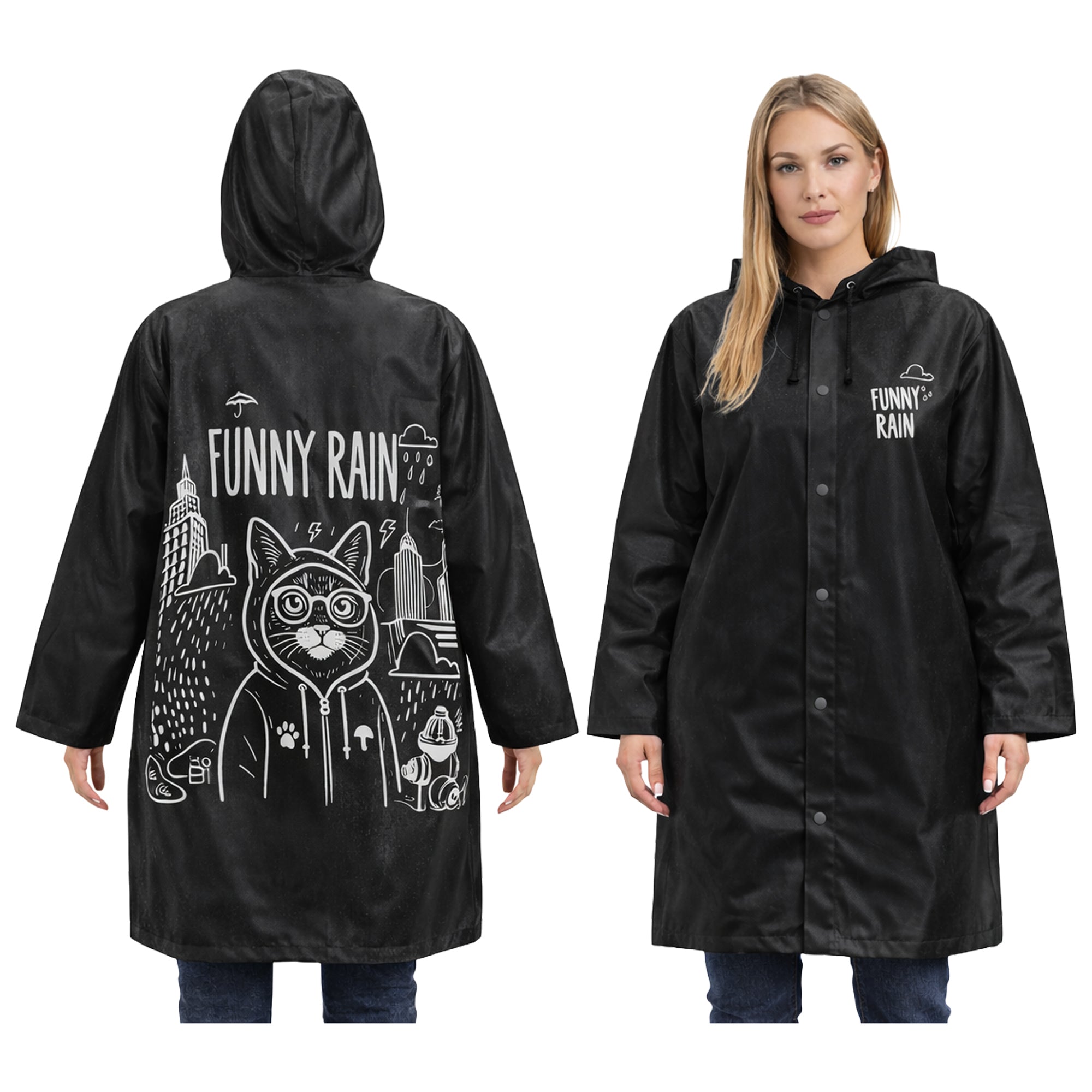 CAT BLACK czarny płaszcz przeciwdeszczowy z kapturem MORAMO